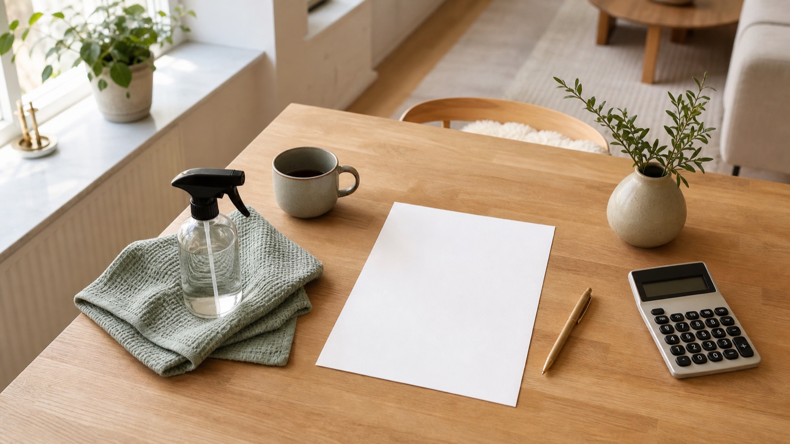 Blank faktura, kalkylator och städmaterial på ett ljust träbord